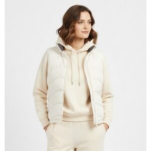 Lands End Puffer Vest Womens Size Medium 10-12 Cream White Down Full Zip Quilted
